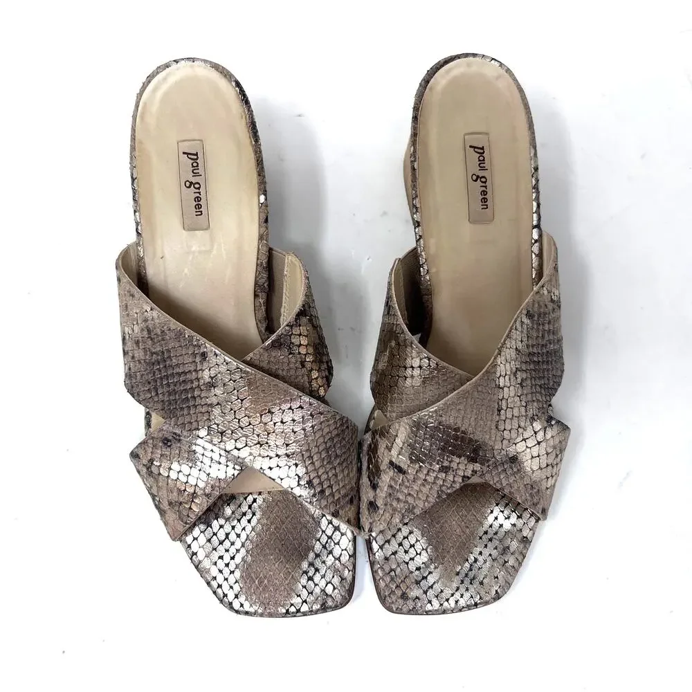 Paul Green Sandals Women's 8 Cici Gold Leather Python Snake Block Heel Slide‎